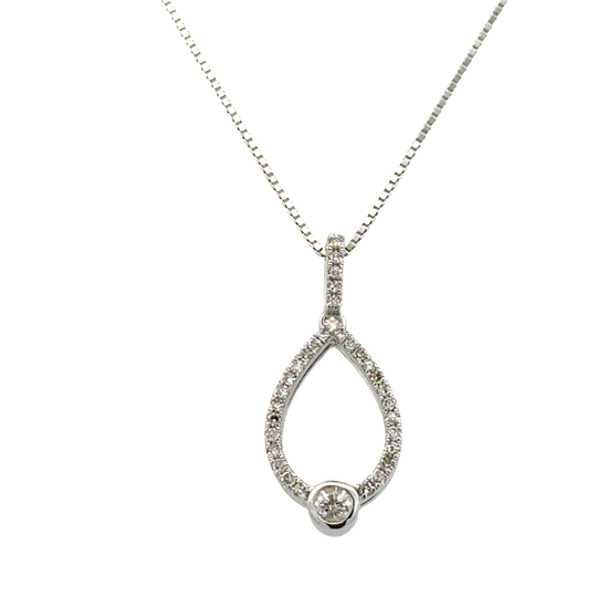 White Sterling Silver Modern Teardrop Pendant With = 0.20Tw Round H/I I1 Diamonds Style: Box
Metal: Sterling Silver
Color: White
Finish: Polished