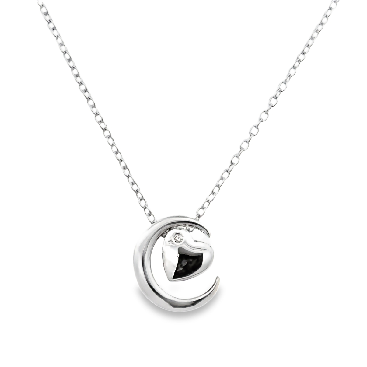 White Sterling Silver Love You To The Moon Pendant With = 0.02Tw Round H/I I1 Diamonds Style: Cable
Metal: Sterling Silver
Color: White
Finish: Polished