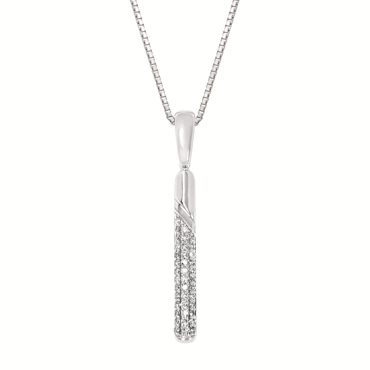 White Sterling Silver Pave' Bar Pendant Length 18 With = 0.16Tw Round G/H Si2 Diamonds Style: Box
Metal: Sterling Silver
Color: White
Finish: Polished