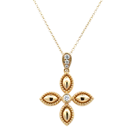 Yellow 18 Karat Bezel Set, Beaded Pendant Length 18 With 4 = 0.10Tw Round G/H Si1 Diamonds Style: Link
Metal: 18 Karat
Color: Yellow
Finish: Polished
