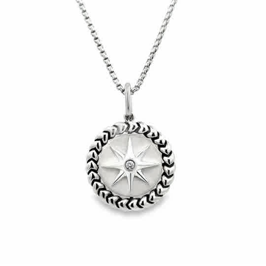 White Sterling Silver Compass Style Pendant one = 0.02ct Round H/I I1 Diamond
