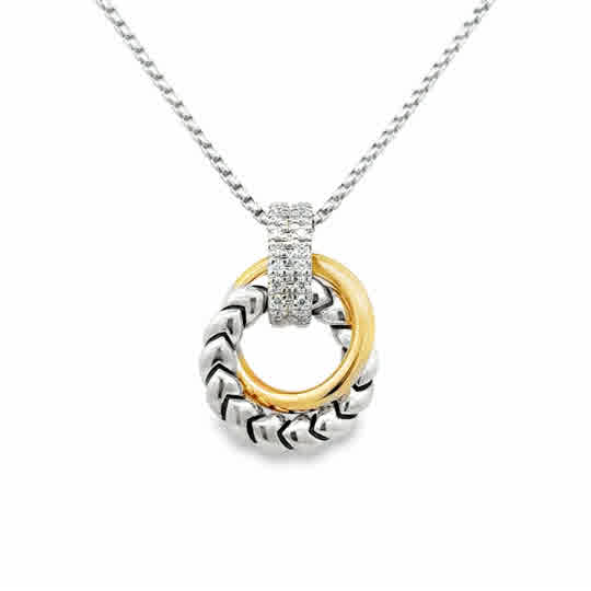 Tt Ss/14Kt Double Ring With Pave' Bail Pendant 16 = 0.12tw Round H/I SI2 Diamonds