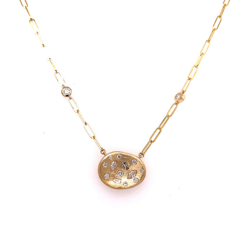 Lady's Yellow Polished 14 Karat Flush Set, Scattered Pendant With Paperclip Chain Necklace Length 18 With 0.49Tw Various Shapes G/H Si1 Diamonds