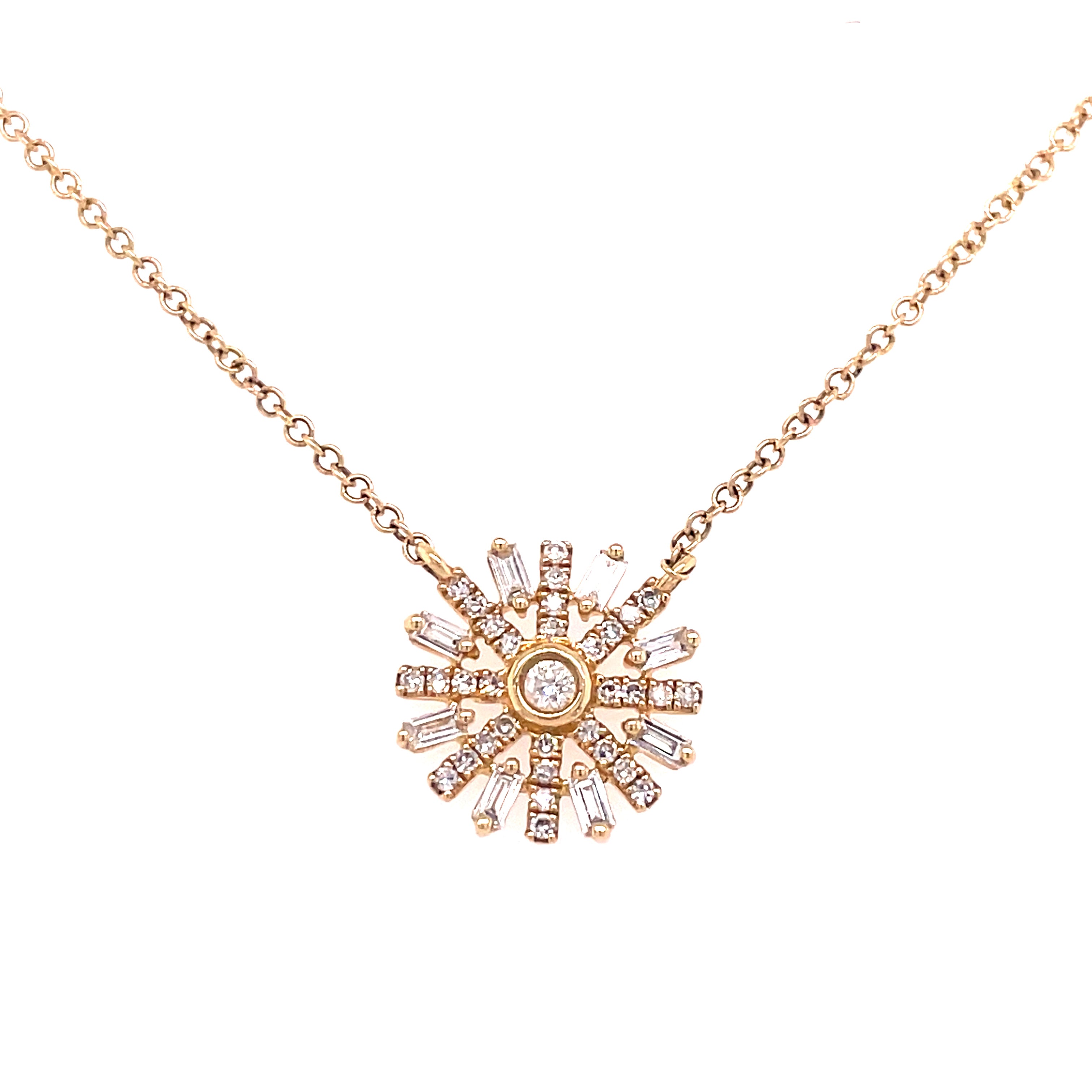 Lady's Yellow Polished 14 Karat Stationary Starburst Necklace With 0.23Tw Various Shapes G/H Si1 Diamonds, Regularly $1200.00 Vendor Price $600.00

Purchases made from our Vendor Price case are not eligible for "complimentary" services. Standard ring si