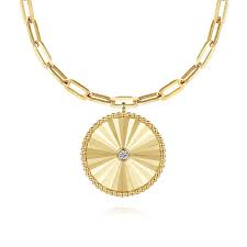 Lady's Yellow 14 Karat Textured Medallion With Paperclip Chain Necklace Length 18 With 0.05Tw Round H/I Si2 Diamonds