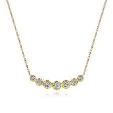 Lady's Yellow 14 Karat Bezel, Curved Bar Stationary Necklace Length 17.5 With 7=0.35Tw Round H/I Si2 Diamonds