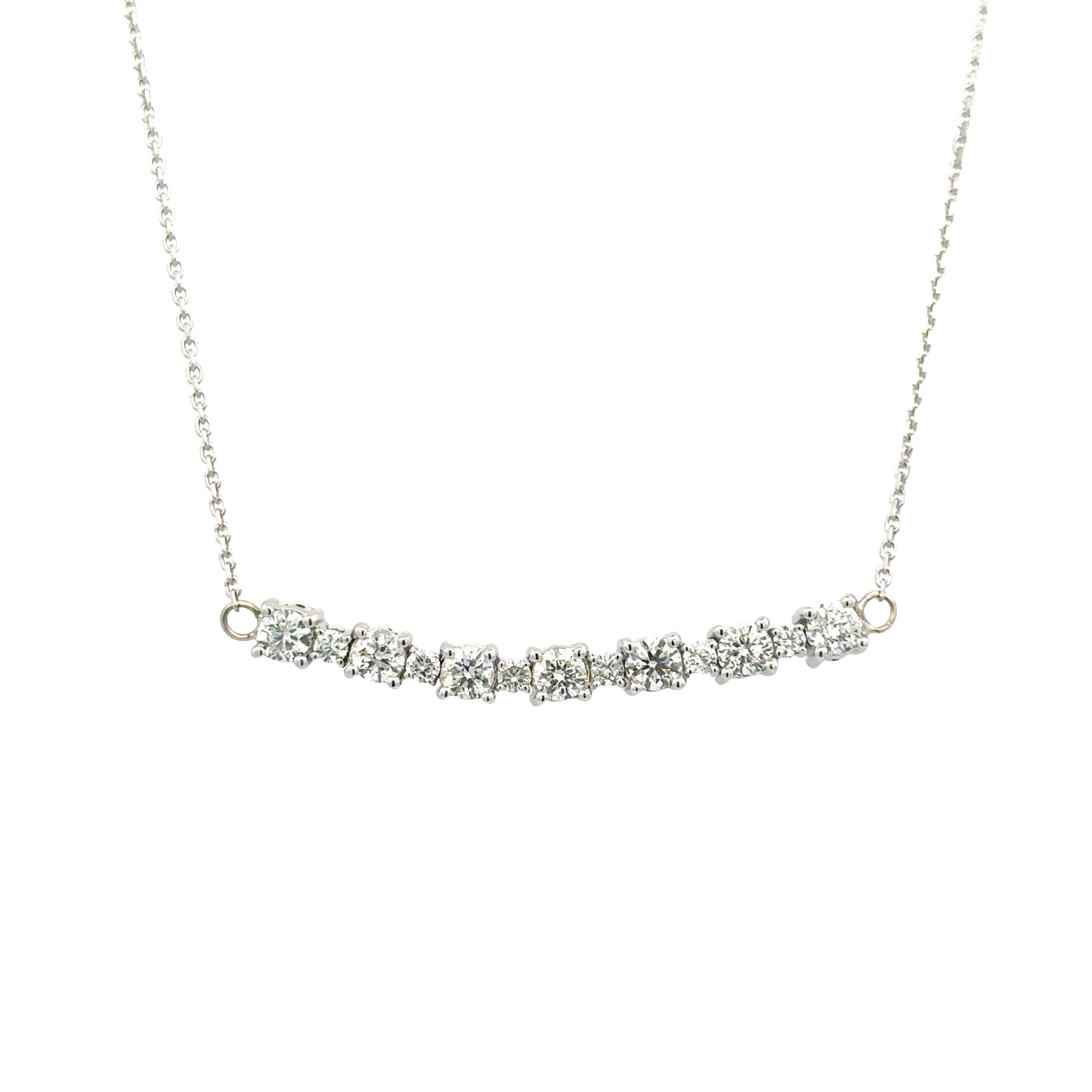 Lady's White 14 Karat Graduating Bar, Stationary Necklace Length 16 With 13=0.80Tw Round H/I Si2 Diamonds