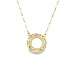Lady's Yellow 14 Karat Brushed Stationary Circle Necklace Length 18 With 0.23Tw Round G/H Si1 Diamonds