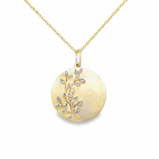 Lady's Yellow 14 Karat Floral Medallion Necklace With = 0.24Tw Round G/H Si1 Diamonds