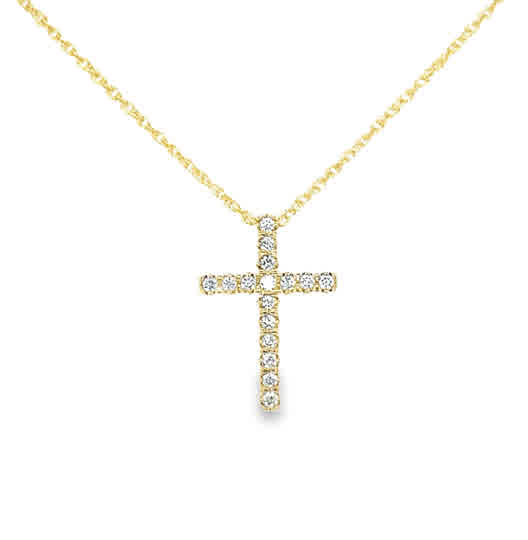 Lady's Yellow 14 Karat Cross Necklace With = 0.25Tw Round G/H Si1 Diamonds