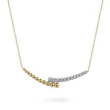Lady's Tt 14 Karat Beaded Stationary Bar Necklace Length 17.5 With = 0.18Tw Round G/H Si2 Diamonds