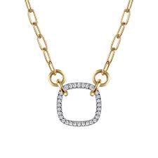 Lady's White/Yellow 14 Karat Contemporary Collection, Open Cushion Shape With Hollow Paperclip Necklace Length 17 With = 0.23Tw Round G/H Si2 Diamonds