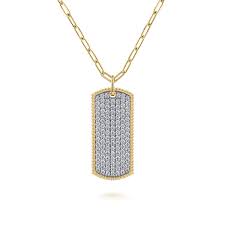 Lady's Yellow 14 Karat Bujukan Collection, Pave' Dog Tag Pendant, Hollow Necklace Length 32 With = 1.57Tw Round G/H Si2 Diamonds