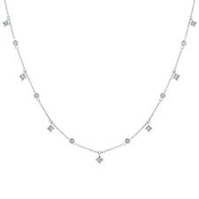 Lady's White Sterling Silver Dangle Stations Necklace 13 = 0.10tw Round Diamonds