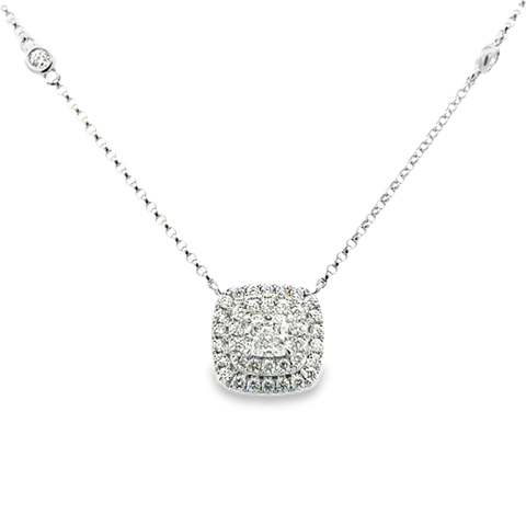 Lady's White 18 Karat Double Halo, Stationary With Diamond Byt The Inch Chain Necklace one = 0.50ct Cushion G/H SI1 Diamond
36 = 0.33tw Round G/H SI1 Diamonds
6 = 0.18tw Round G/H SI1 Diamonds