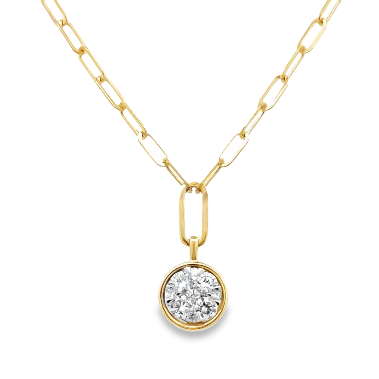 Lady's Yellow 14 Karat Cluster Bezel With Paperclip Necklace 9 = 0.33tw Round H/I I1 Diamonds