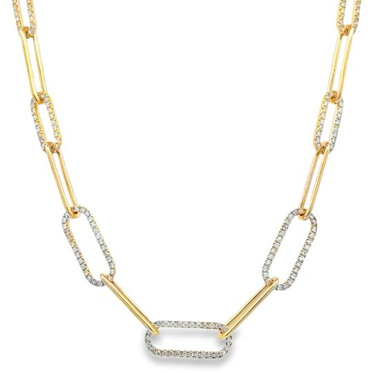 Lady's Yellow 14 Karat Paperclip Stations Necklace 178 = 0.50tw Round H/I I1 Diamonds