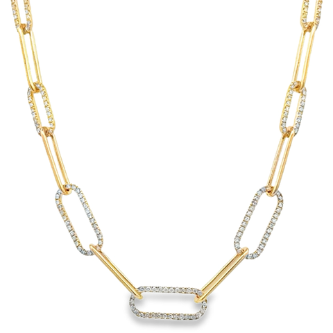 Lady's Yellow 14 Karat Paperclip Stations Necklace 178 = 0.50tw Round H/I I1 Diamonds