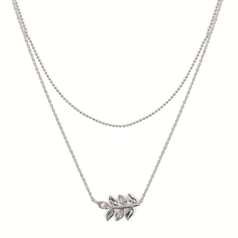 Lady's White Sterling Silver Double Chain, Leaf Necklace 3 = 0.06tw Round G/H SI2 Diamonds