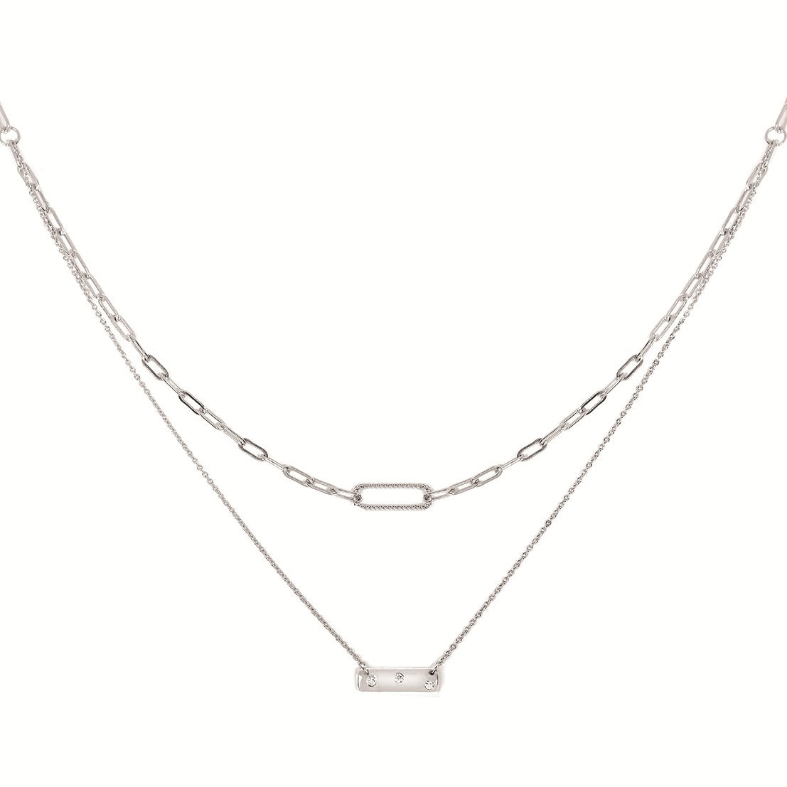 Sterling Silver Double Chain with Bars Necklace with 3= 0.04tw Round Brilliant Cut G/H Si2 Diamonds