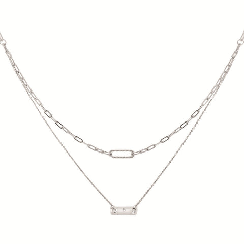 Sterling Silver Double Chain with Bars Necklace with 3= 0.04tw Round Brilliant Cut G/H Si2 Diamonds