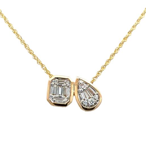 Lady's Yellow 14 Karat Stationary, Two Stone Cluster Necklace = 0.17tw Baguette G/H VS2 Diamonds
= 0.08tw Round G/H SI1 Diamonds