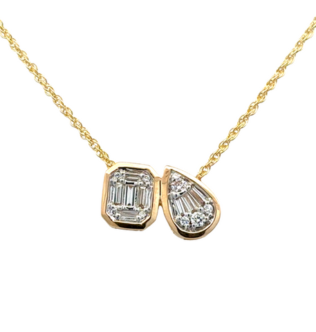 Lady's Yellow 14 Karat Stationary, Two Stone Cluster Necklace = 0.17tw Baguette G/H VS2 Diamonds
= 0.08tw Round G/H SI1 Diamonds