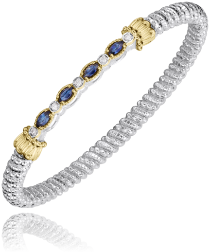 Lady's Tt 14K/Sterling Silver 4Mm Closed Band With Marquise Stations Bracelet With 4=4.50X2.50Mm Marquise Sapphires And 0.10Tw Round G/H Si1 Diamonds