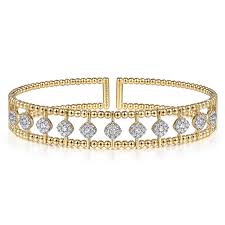 Yellow 14 Karat Wide Cuff With Cushion Shaped Stations, Bujukan Collection Bracelet Length 6.25 With = 0.71Tw Round G/H Si2 Diamonds