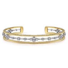 Tt 14 Karat Rope Edge Cuff Bracelet Length 6.25 With = 0.39Tw Round G/H Si2 Diamonds