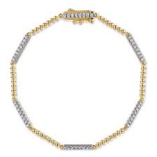 Yellow 14 Karat Bujukan Collection, Beaded, And Bar Stations Tennis Bracelet Length 7 With = 0.53Tw Round G/H Si2 Diamonds