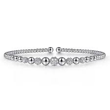 White 14 Karat Bujukan Collection, Bead Cuff With Pave' Stations Bracelet Length 6.25 With = 0.34Tw Round G/H Si2 Diamonds