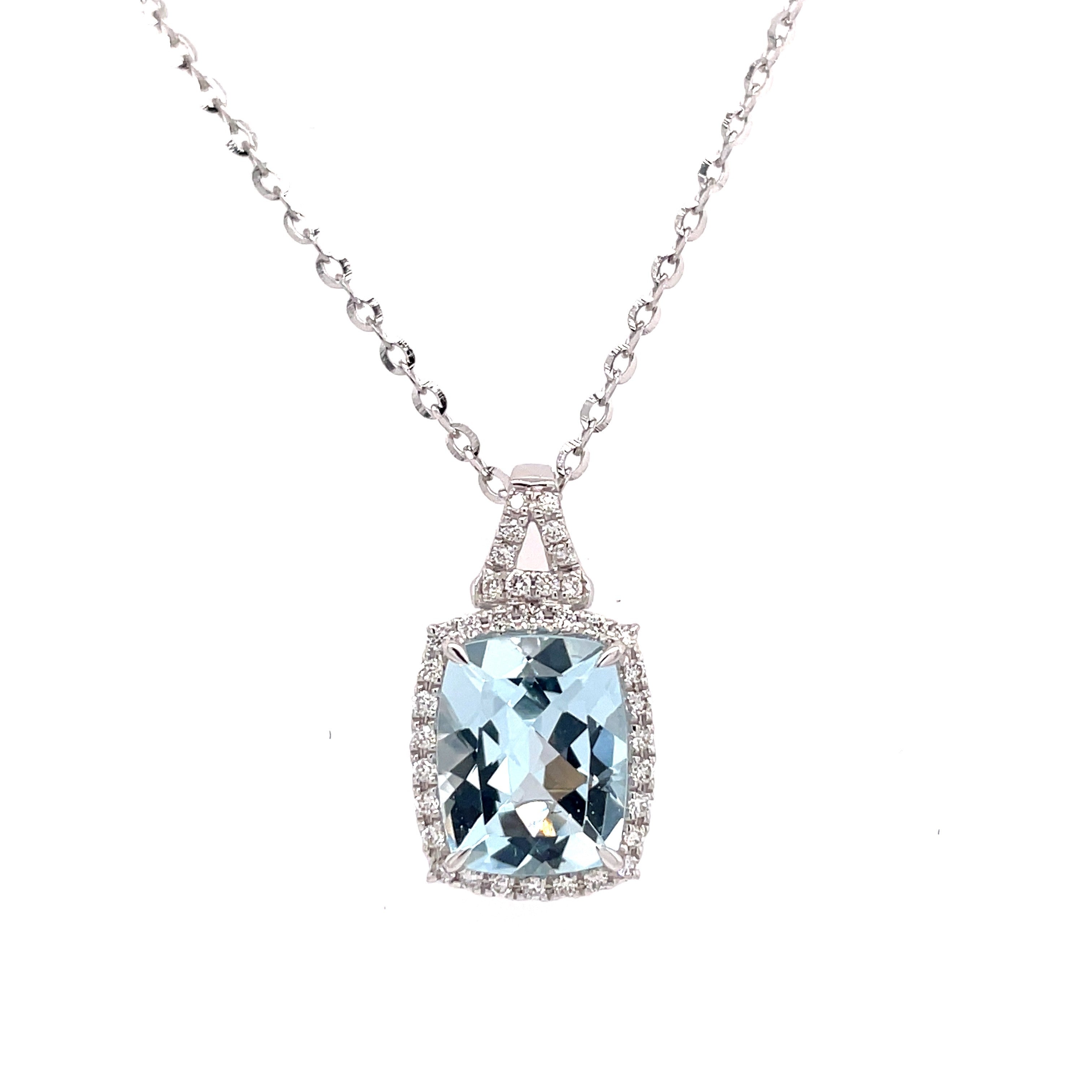 Lady's White 14 Karat Elongated Halo Fashion Pendant Necklace one = 2.52ct Retangular Cushion Aquamarine
= 0.16tw Round G/H SI1 Diamonds