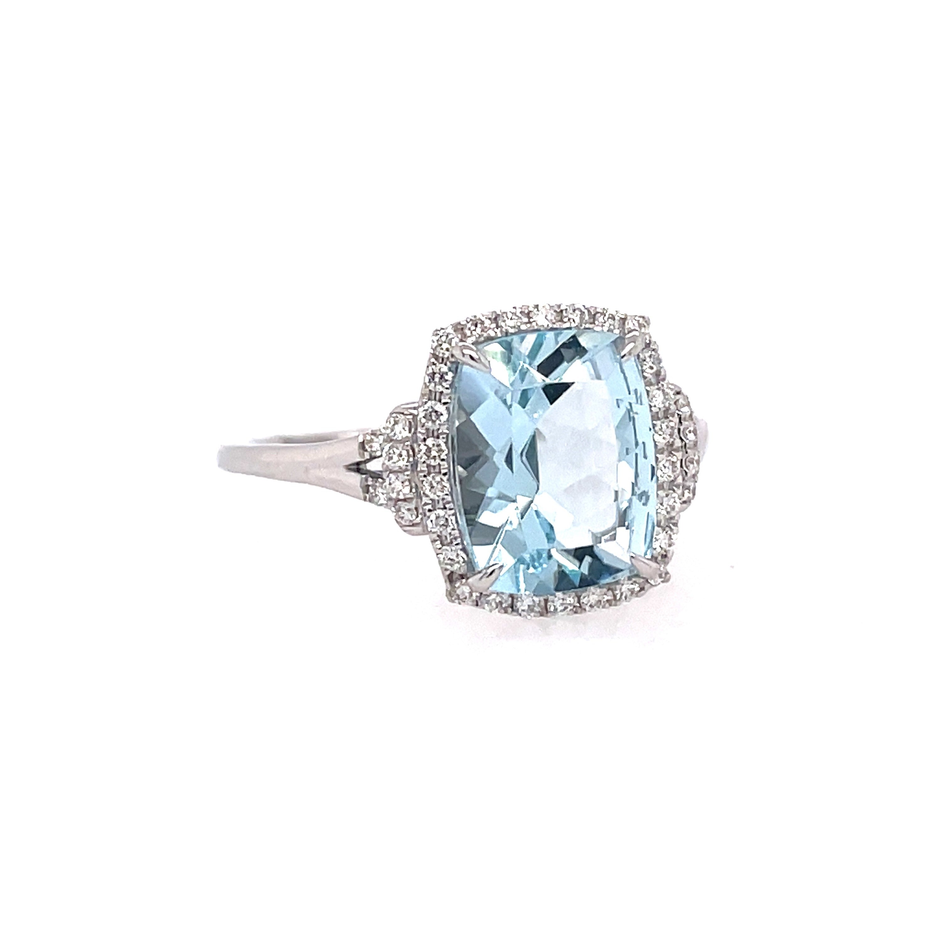 Lady's White 14 Karat Elongated Cushion Halo Fashion Ring Fashion Ring With One = 2.47Ct Retangular Cushion Aquamarine And = 0.18Tw Round G/H Si1 Diamonds