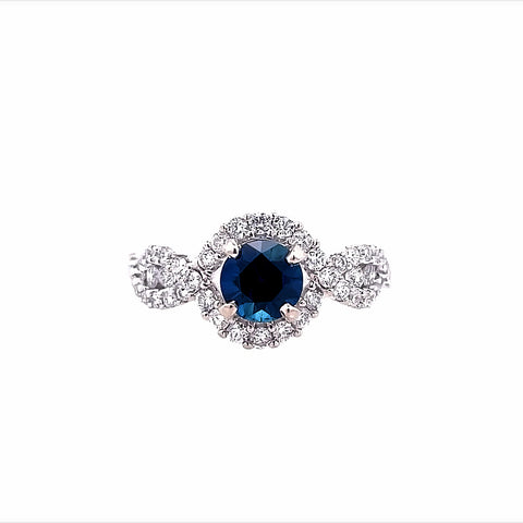 Lady's White 14 Karat Twist With Round Halo Fashion Ring Size 6.5 With One 0.85Ct Round Sapphire And 0.60Tw Round H/I Si2 Diamonds