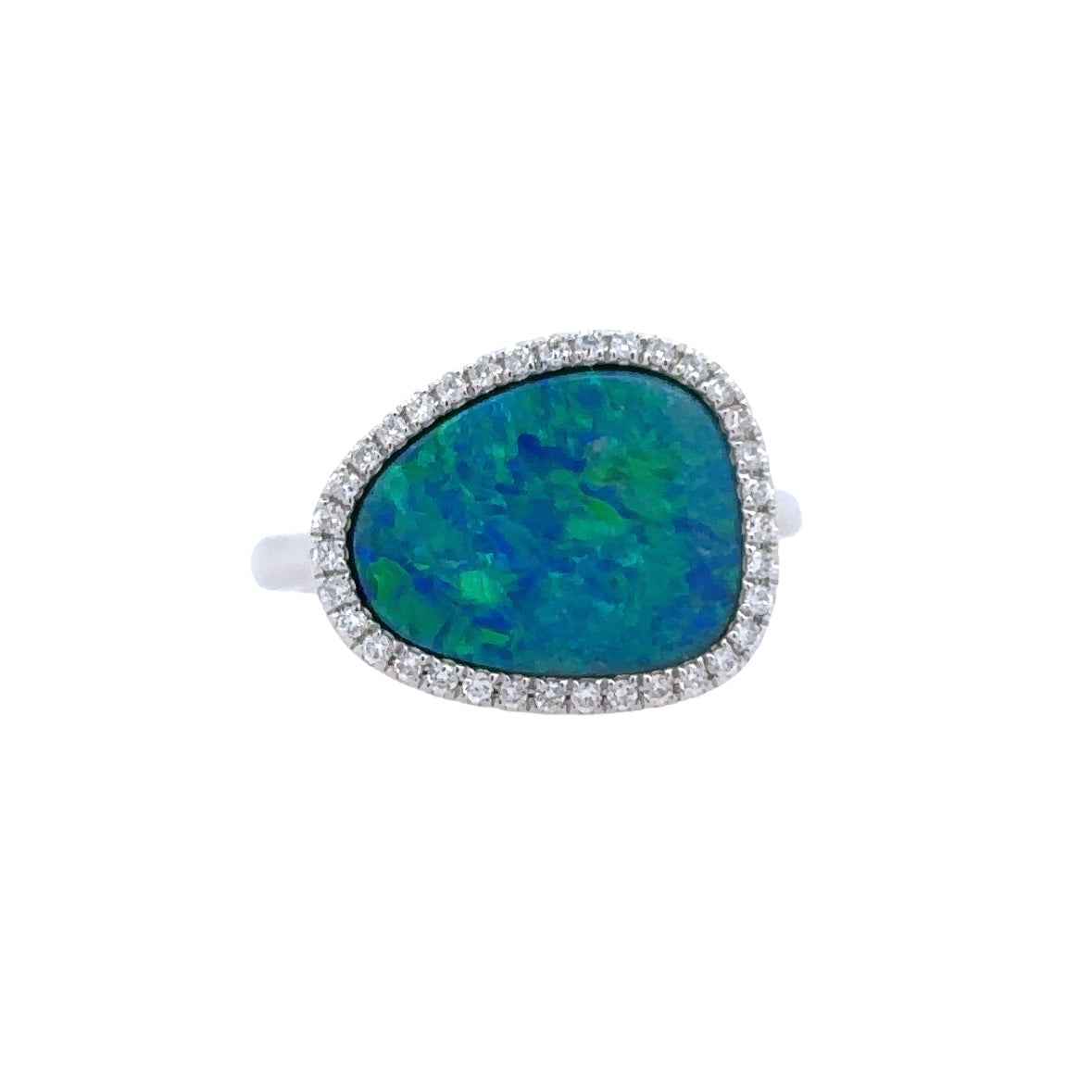 Lady's White 14 Karat Modern Halo Fashion Ring With One Various Shapes Opal And 35=0.21Tw Round G/H Si1 Diamonds