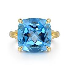 Lady's Yellow 14 Karat Solitaire With Split Shank Fashion Ring Size 6.5 With One = 14.67Ct Cushion Blue Topaz