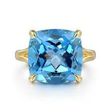 Lady's Yellow 14 Karat Solitaire With Split Shank Fashion Ring Size 6.5 With One = 14.67Ct Cushion Blue Topaz
