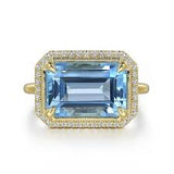 Lady's Yellow 14 Karat Horizontal Halo Fashion Ring Size 6.5 With One 5.56Ct Emerald Blue Topaz And 0.20Tw Round H/I Si2 Diamonds