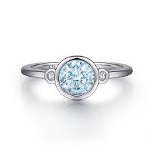 Lady's White Sterling Silver Bezel Set Fashion Ring Size 6.5 With One 0.82Ct Round Aquamarine And 2 0.04Tw Round H/I Si2 Diamonds