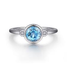 Lady's White Sterling Silver Bezel Set Fashion Ring Size 6.5 With One 0.92Ct Round Blue Topaz And 2=0.04Tw Round H/I Si2 Diamonds