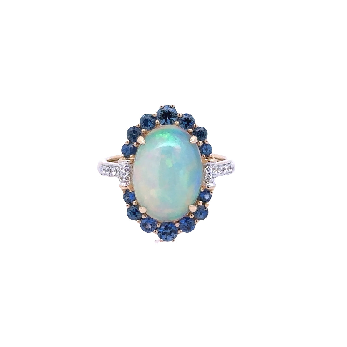 Lady's Yellow 14 Karat Oval Halo Fashion Ring With One 3.09Ct Oval Opal, 0.11Tw Round G/H Si1 Diamonds And 0.9 Twt Other Stones