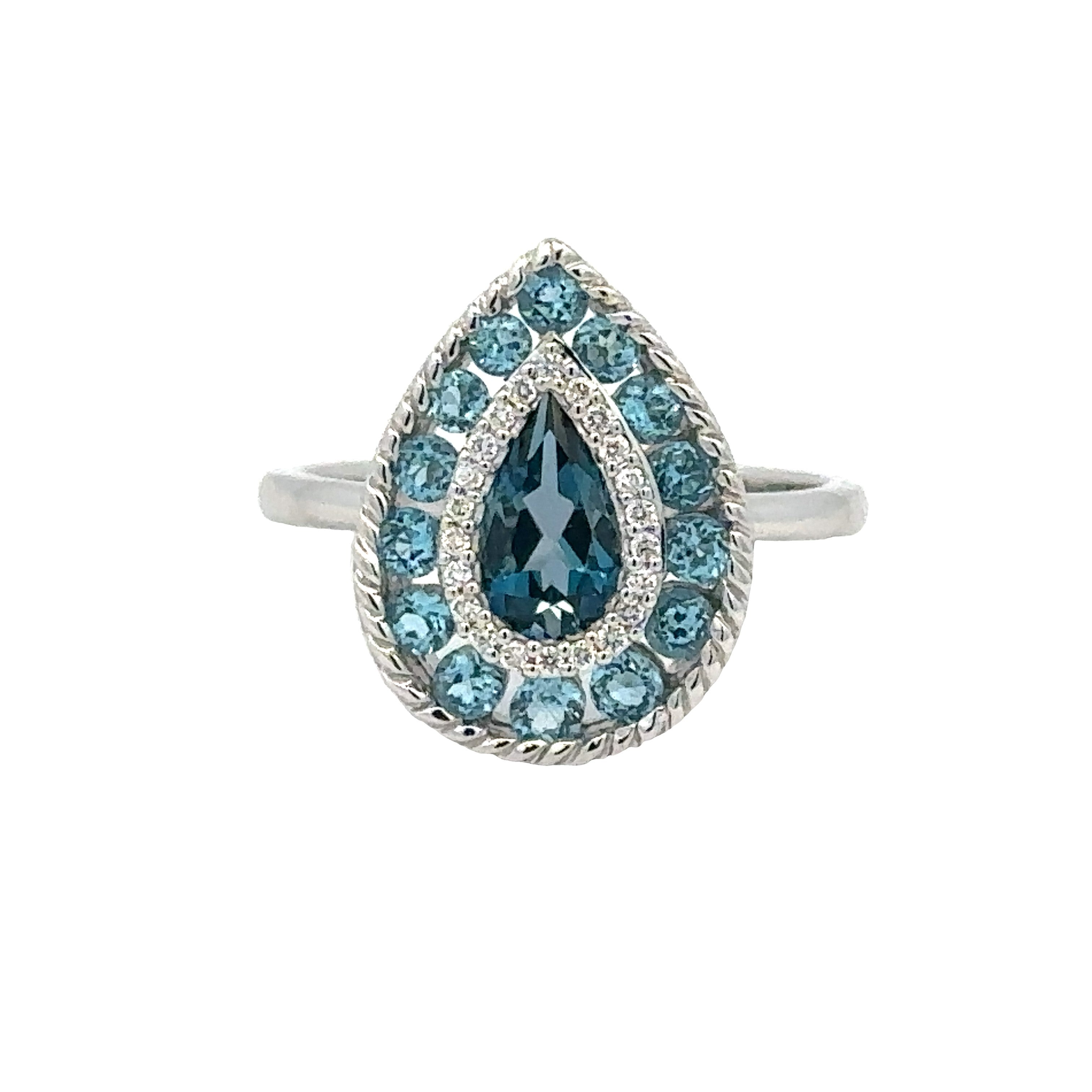 Lady's White 14 Karat Pear Fashion Ring Fashion Ring With 1.52Tw Various Shapes Blue Topazs And 0.08Tw Round G/H Si1 Diamonds