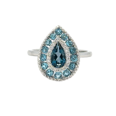 Lady's White 14 Karat Pear Fashion Ring Fashion Ring With 1.52Tw Various Shapes Blue Topazs And 0.08Tw Round G/H Si1 Diamonds