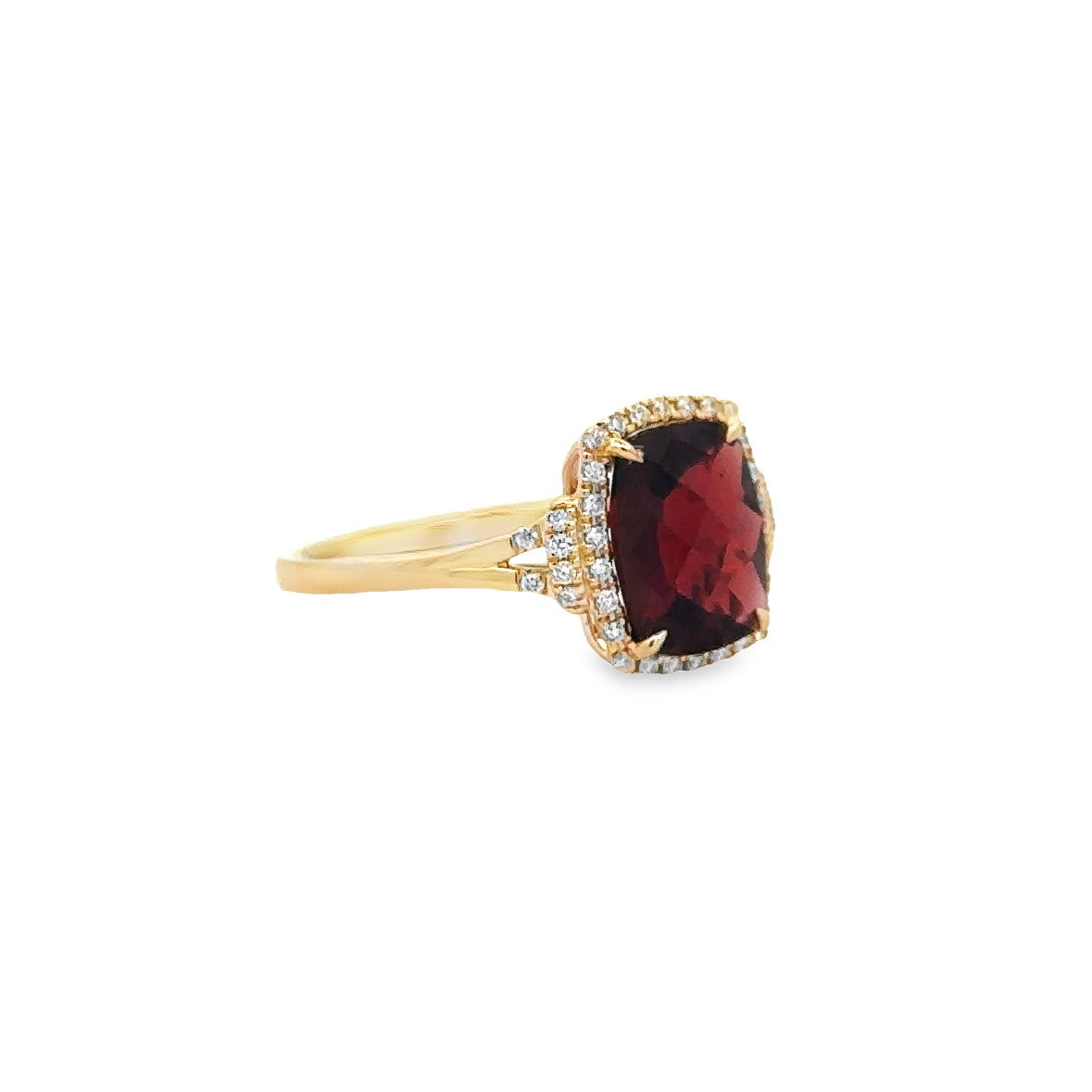 Lady's Yellow 14 Karat Rectangular Halo Fashion Ring With One 2.85Ct Retangular Cushion Garnet And 0.18Tw Round G/H Si1 Diamonds
