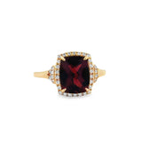 Lady's Yellow 14 Karat Rectangular Halo Fashion Ring With One 2.85Ct Retangular Cushion Garnet And 0.18Tw Round G/H Si1 Diamonds
