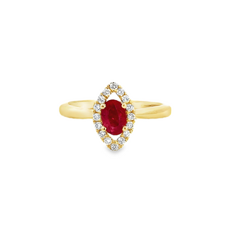Lady's Yellow 14 Karat Marquise Halo Fashion Ring Size 6.5 With One 0.63Ct Oval Ruby And 16 0.18Tw Round G/H Si1 Diamonds