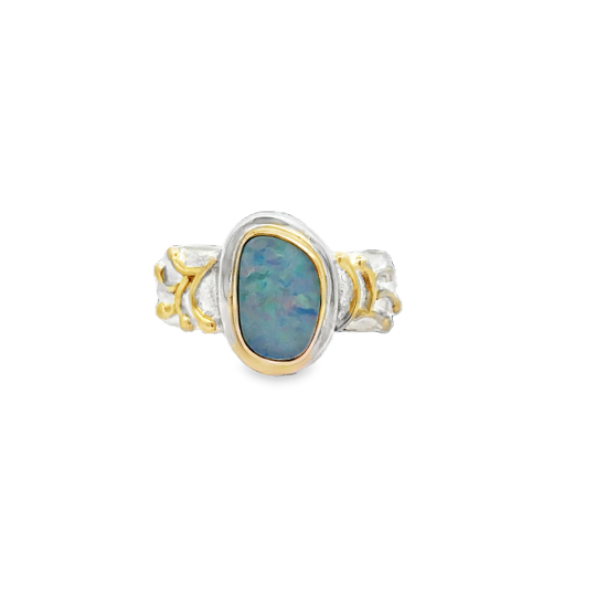 Lady's White/Yellow Sterling Silver/24K Gold Vermeil Brushed Bezel Fashion Ring Size 8 one Various Shapes Opal
