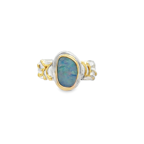Lady's White/Yellow Sterling Silver/24K Gold Vermeil Brushed Bezel Fashion Ring Size 8 one Various Shapes Opal