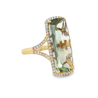Lady's Yellow 14 Karat Elongated Halo With Split Shank Fashion Fashion Ring With One 9.1Ct Retangular Cushion Green Amethyst And 0.41Tw Round G/H Si1 Diamonds